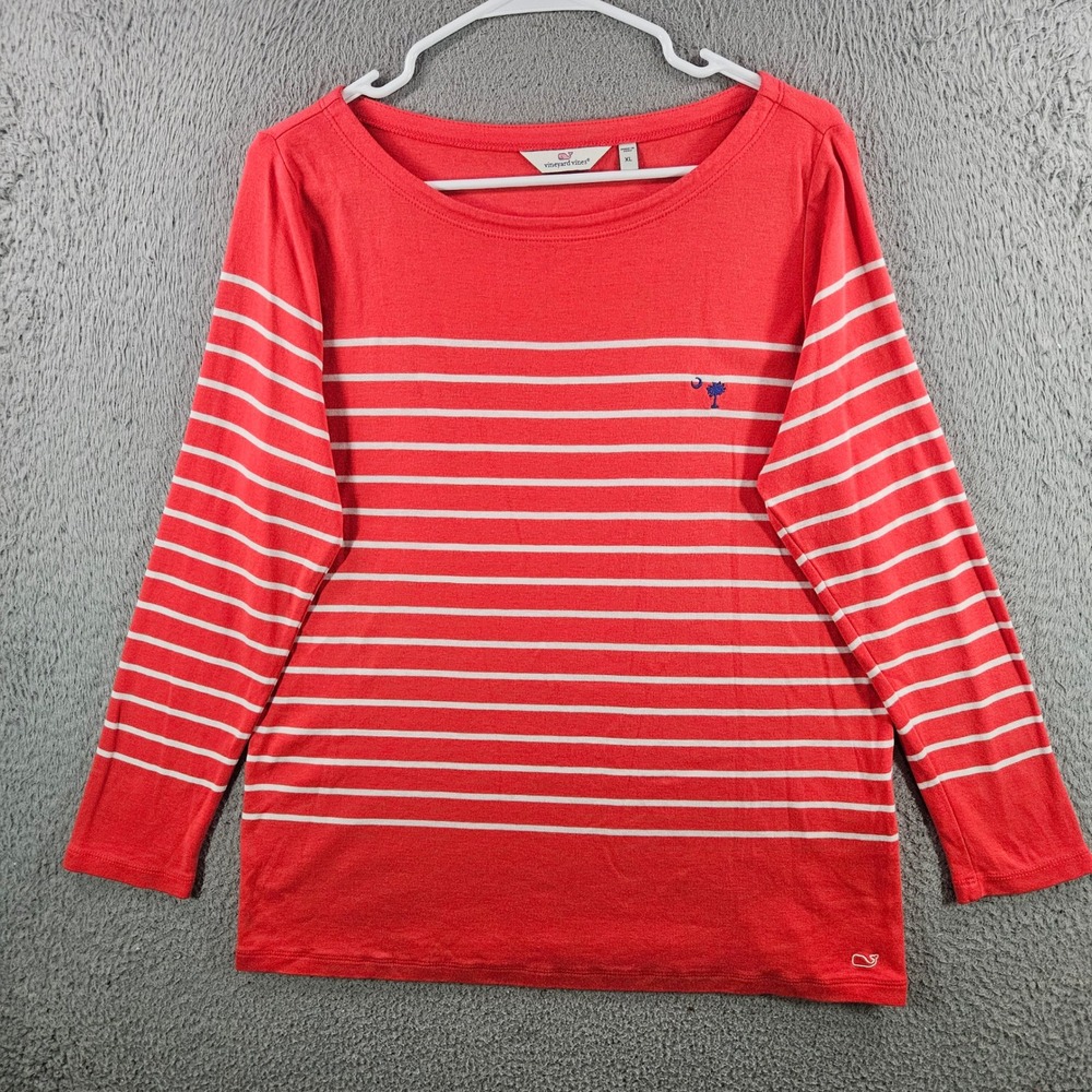 Vineyard Vines Womens XL Coral Red Striped Pima Cotton Modal Boat Neck Tee‎ Top